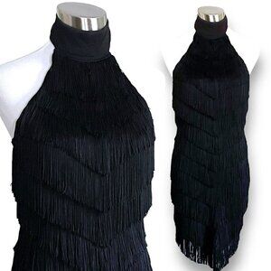 Vintage 90s Guess Collection Womens Black Fringe Dress Sz 2 Halter LBD Cocktail